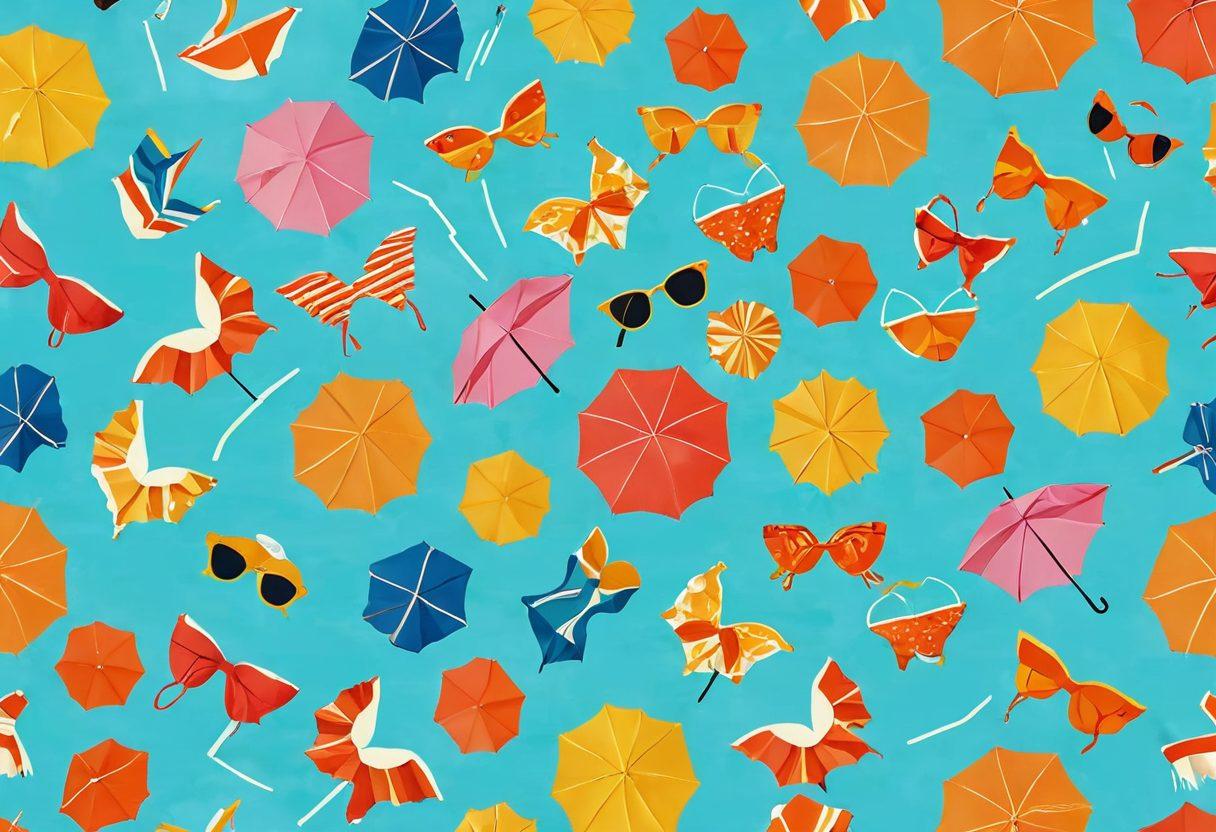 A vibrant collage showcasing the evolution of vintage swimwear, featuring colorful bikinis from the 1920s to the 1980s. Include retro beach scenes, like sunbathers and waves, with a nostalgic feel. Add playful elements such as beach umbrellas and vintage sunglasses. The background should have a warm summer vibe, evoking memories of classic beach outings. retro illustration style. bright pastel colors. soft focus.